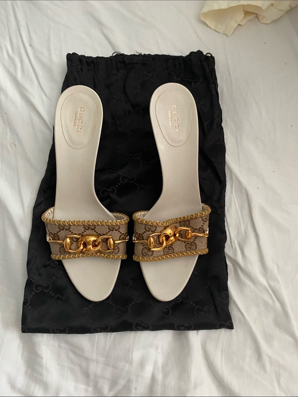 Gucci Beige Monogram Slide Mules with Gold Chain